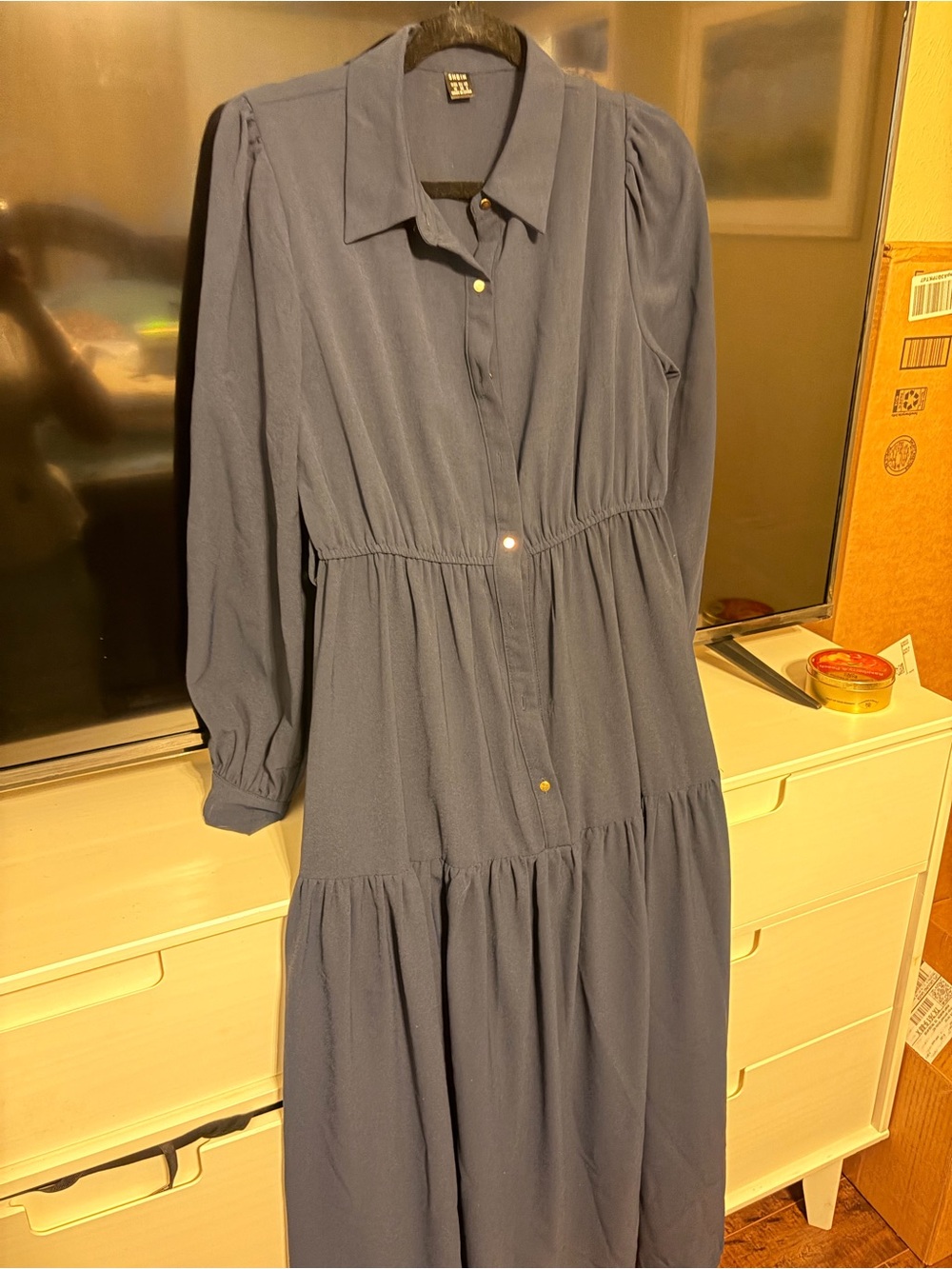 SHEIN Navy Blue Long Sleeve Tiered Button Midi Dress